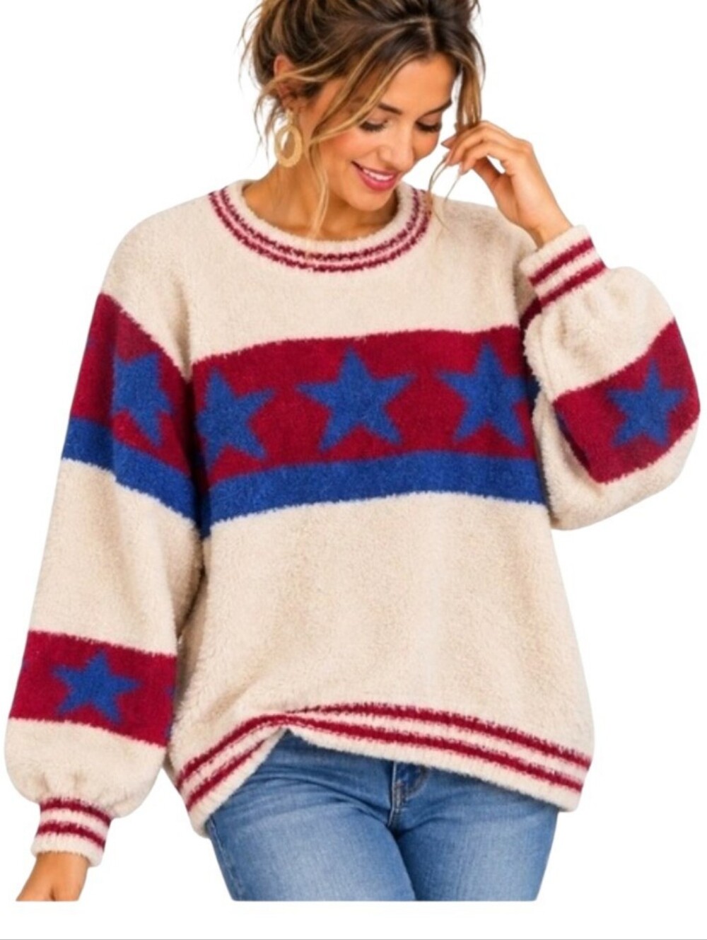 POL Star Fuzzy Sweater Small Oversized Y2K Americana Coastal Cowgirl